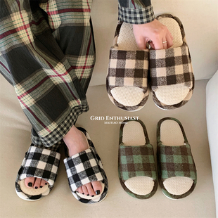 女士 复古透气四季 通用居家舒适个性 棉麻拖鞋 吸汗撞色格子亚麻拖鞋
