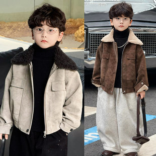香港BAKUXIA男童麂皮外套秋冬新款儿童加绒加厚毛领夹克复古上衣
