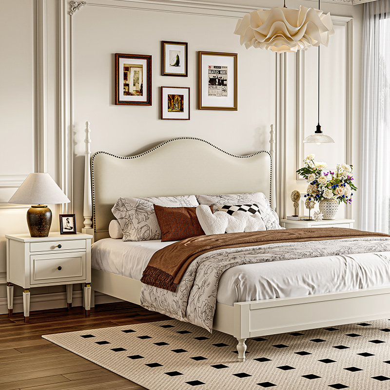 法式奶油全实木床1米8复古风主卧皮床中古1米5白色公主美式双人床
