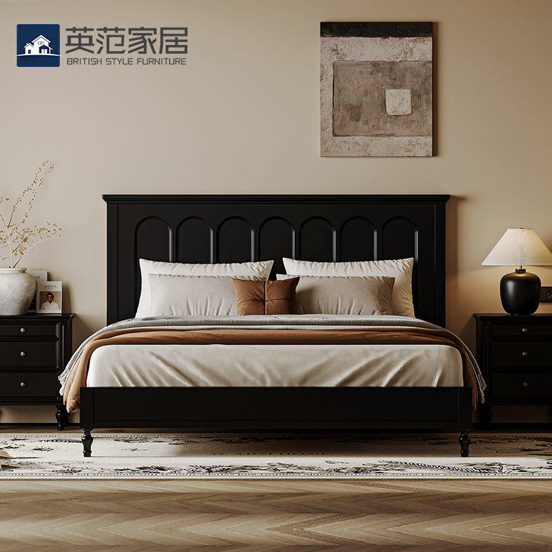 中古风实木主卧双人黑色床
