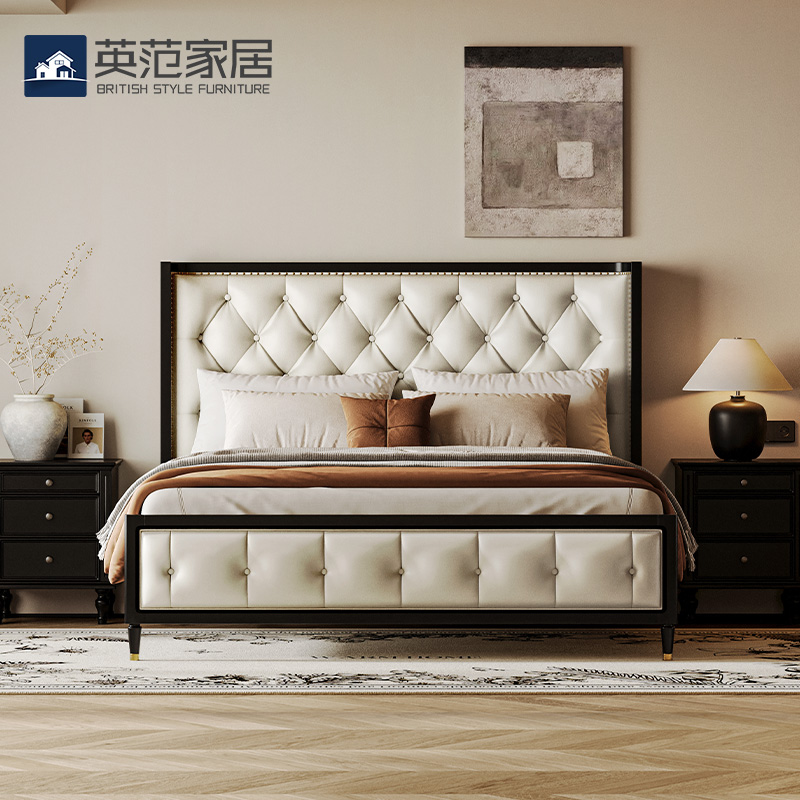 中古风实木主卧双人软包黑色大床