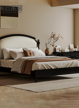 法式复古软靠1.5米黑色皮床卧室家用中古风全实木床双人主卧1.8米