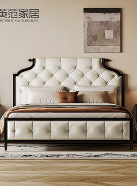 中古风实木床1米8主卧双人法式复古高箱储物婚床黑色侘寂软靠皮床