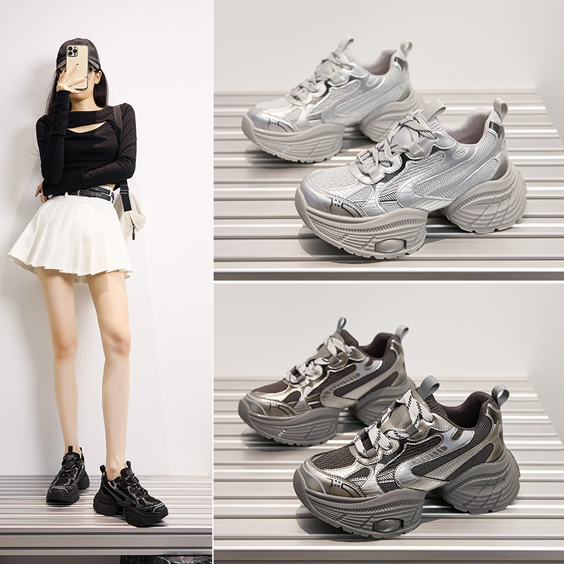 银色时尚显脚小厚底老爹鞋软底不累脚加宽冬天加绒女鞋二棉