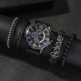 英文编织串珠手链套装 大表盘皮带手表 set圆形男士 5pcs