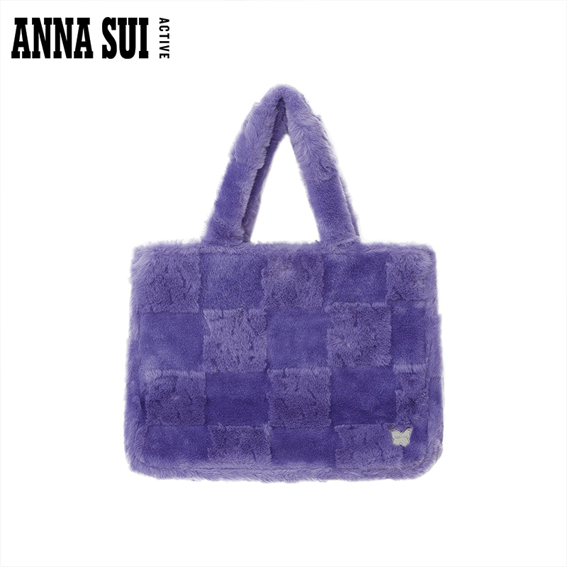 ANNA SUI 棋盘格紫色包毛绒手提包女通勤大容量