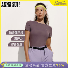 ANNA SUI 灰色蝴蝶logo莱卡高弹力短袖上衣休闲运动T恤女