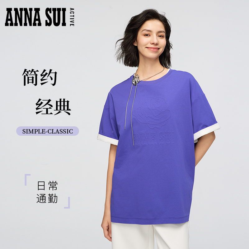 ANNA SUI安娜苏运动 明星同款玫瑰logo宽松圆领短袖T恤男女同款