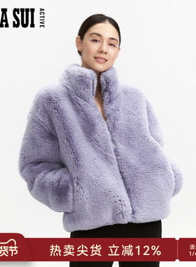 ANNA SUI安娜苏运动  仿水貂毛紫色立领定制拉链外套上衣女