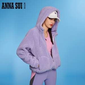 ANNA SUI 经典安娜系列 紫色仿羊羔毛外套连帽长袖拉链上衣女