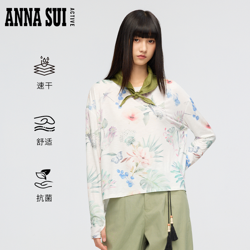 ANNASUI安娜苏运动垂柳垂感透气吸湿速干抗菌落肩印花长袖T恤女式