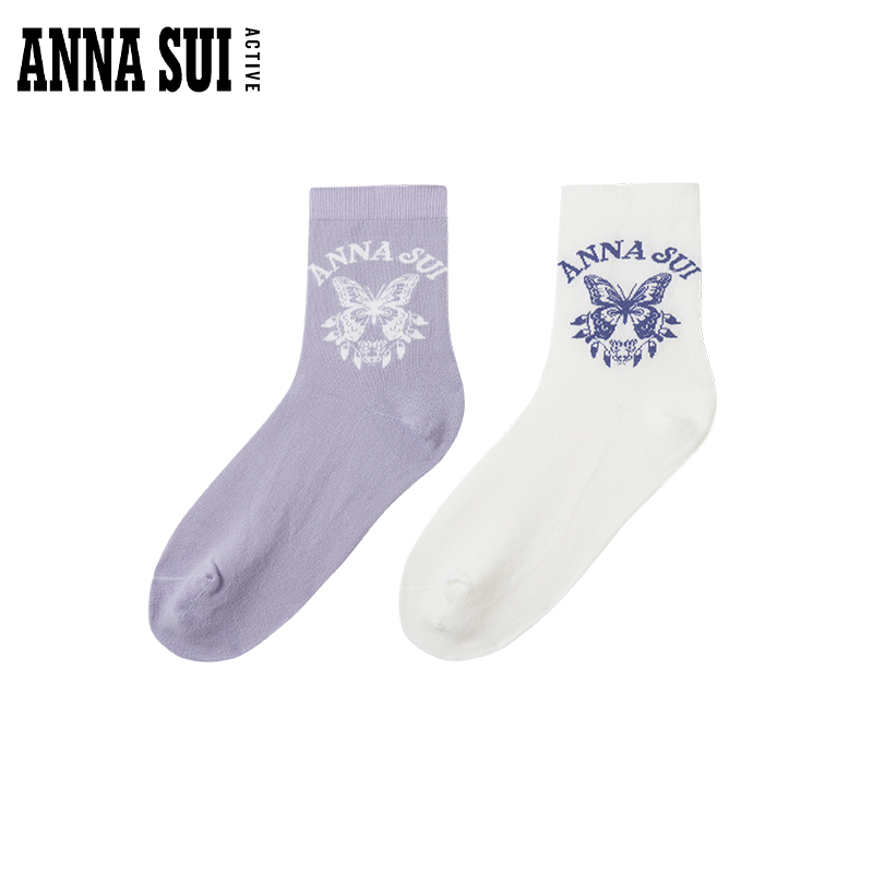 ANNA SUI安娜苏运动 撞色蝴蝶印花休闲运动中筒袜百搭