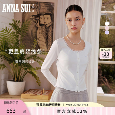 ANNASUI安娜苏运动新款蕾丝边圆领外穿修身长袖T恤防晒凉感女气质