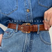 三所vintage 琥珀棕头层牛皮腰带针扣复古光面合金百搭优雅皮带