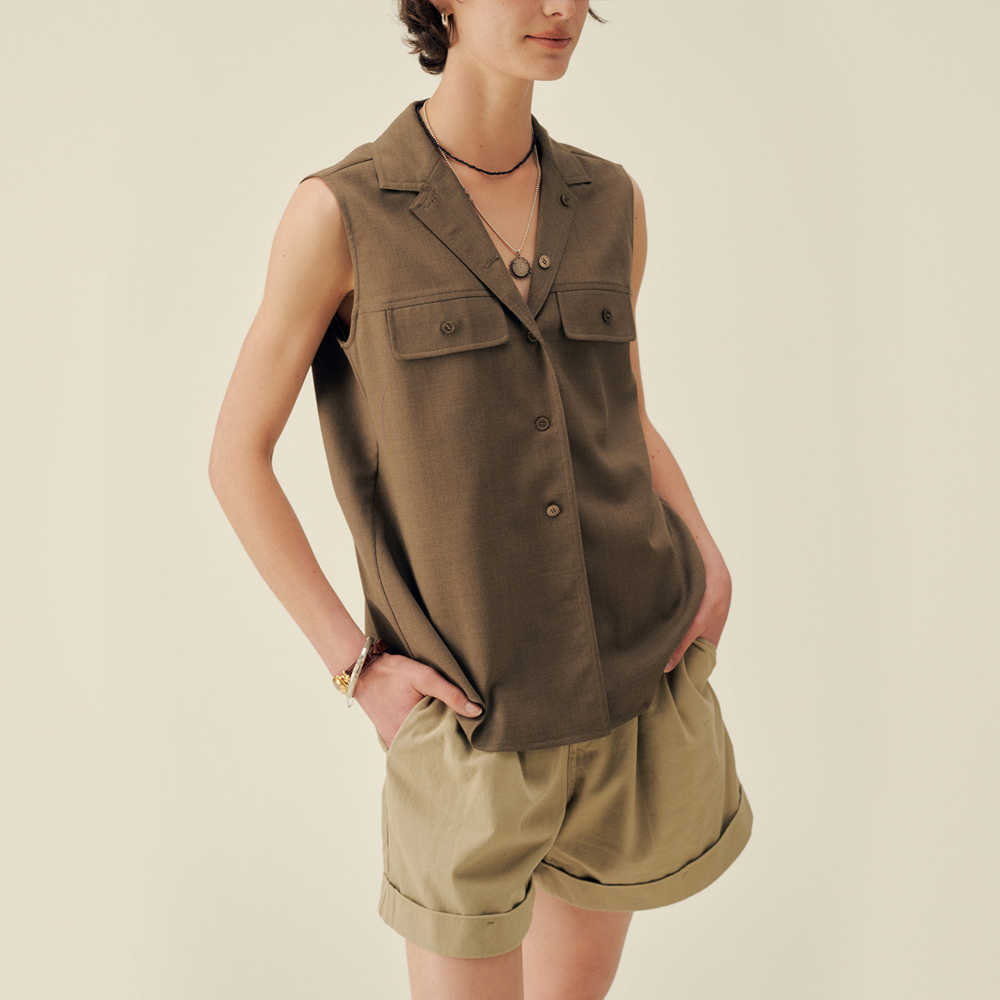 三所vintage 山所夏季精纺羊毛好打理宽松休闲无袖直角肩口袋衬衫