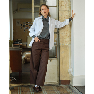 宽松通勤休闲裤 三所vintage 款 纯棉暗纹四季 弧形高腰香蕉长裤