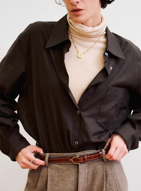 三所vintage MAS长袖同色系撞色刺绣法兰绒方领长袖廓形柔软衬衫