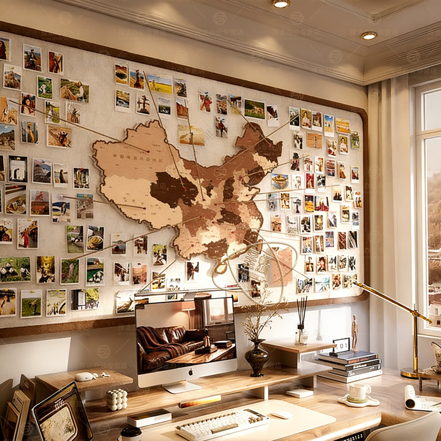 地图旅行免打孔照片墙背景板毛毡板墙贴中国地图旅行足迹标记墙打卡软