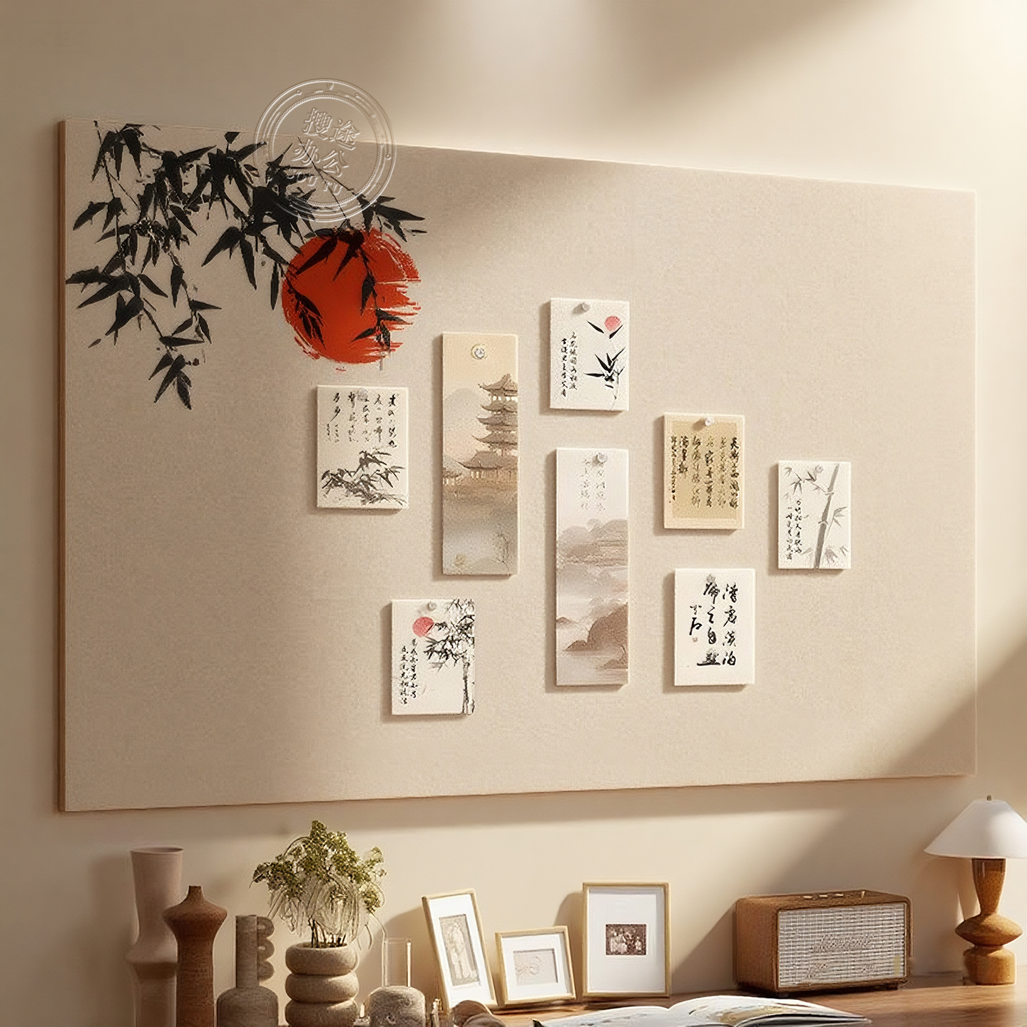 毛毡板照片墙毛毡墙贴复古风水墨画DIY装饰幼儿园教室书法国画作品展示板高级感客厅墙面软木板书桌面背景墙图片