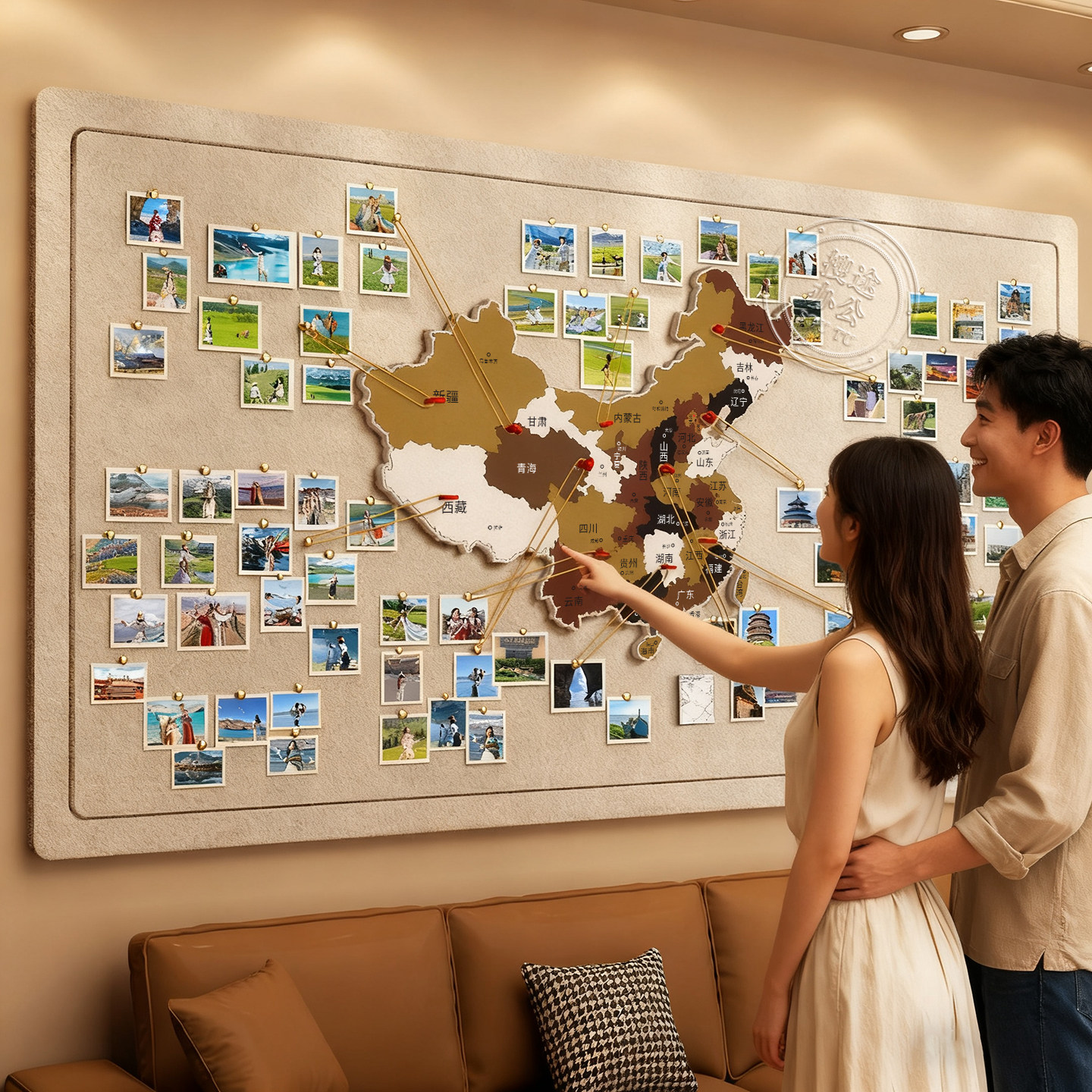 地图旅行照片墙毛毡板墙贴中国地图旅行足迹标记墙打卡软木板旅行地图