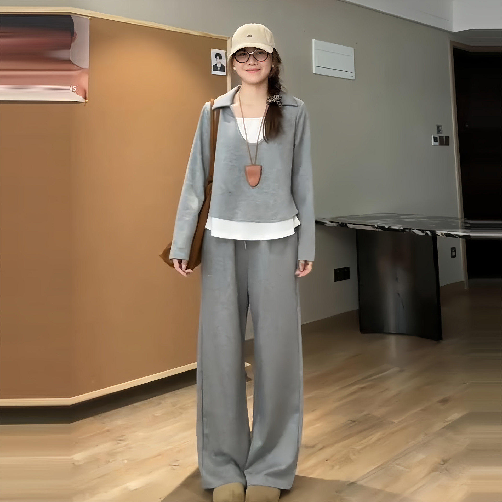 大码慵懒风长袖T恤阔腿裤套装女秋冬微胖mm显瘦休闲运动风两件套