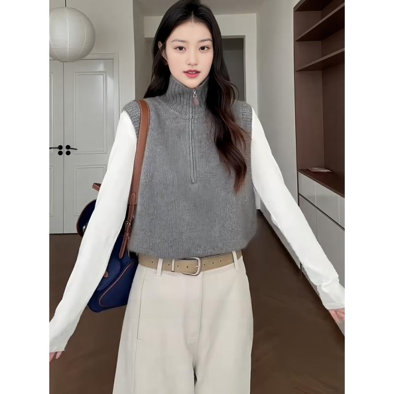 大码女装灰色半高领针织马甲套装