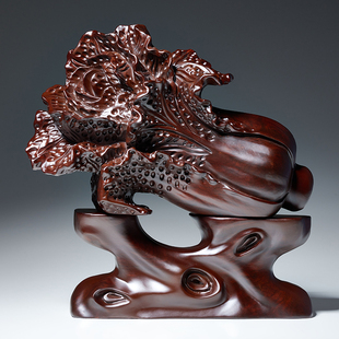 黑檀木雕白菜摆件实木家居百财如意工艺品装 饰办公室客厅开业礼品