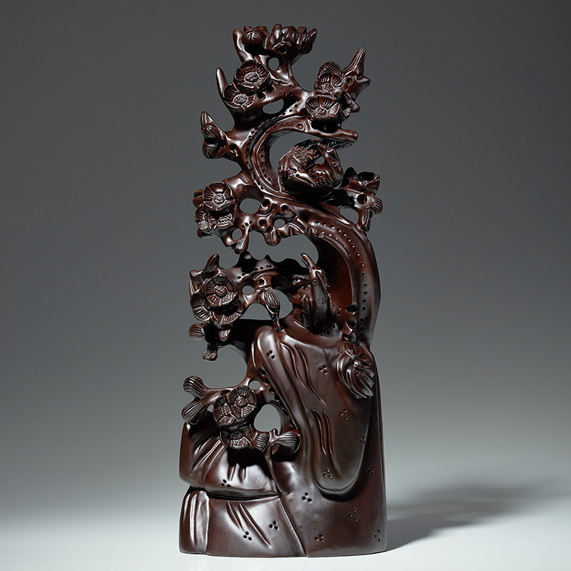 黑檀木喜上眉梢根雕梅花雕刻摆件红木家居装饰工艺品开业乔迁送礼