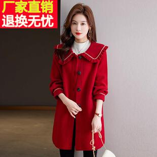 秋冬新款娃娃领女外套修身显瘦中长款时尚洋气加大码羊绒毛呢大衣