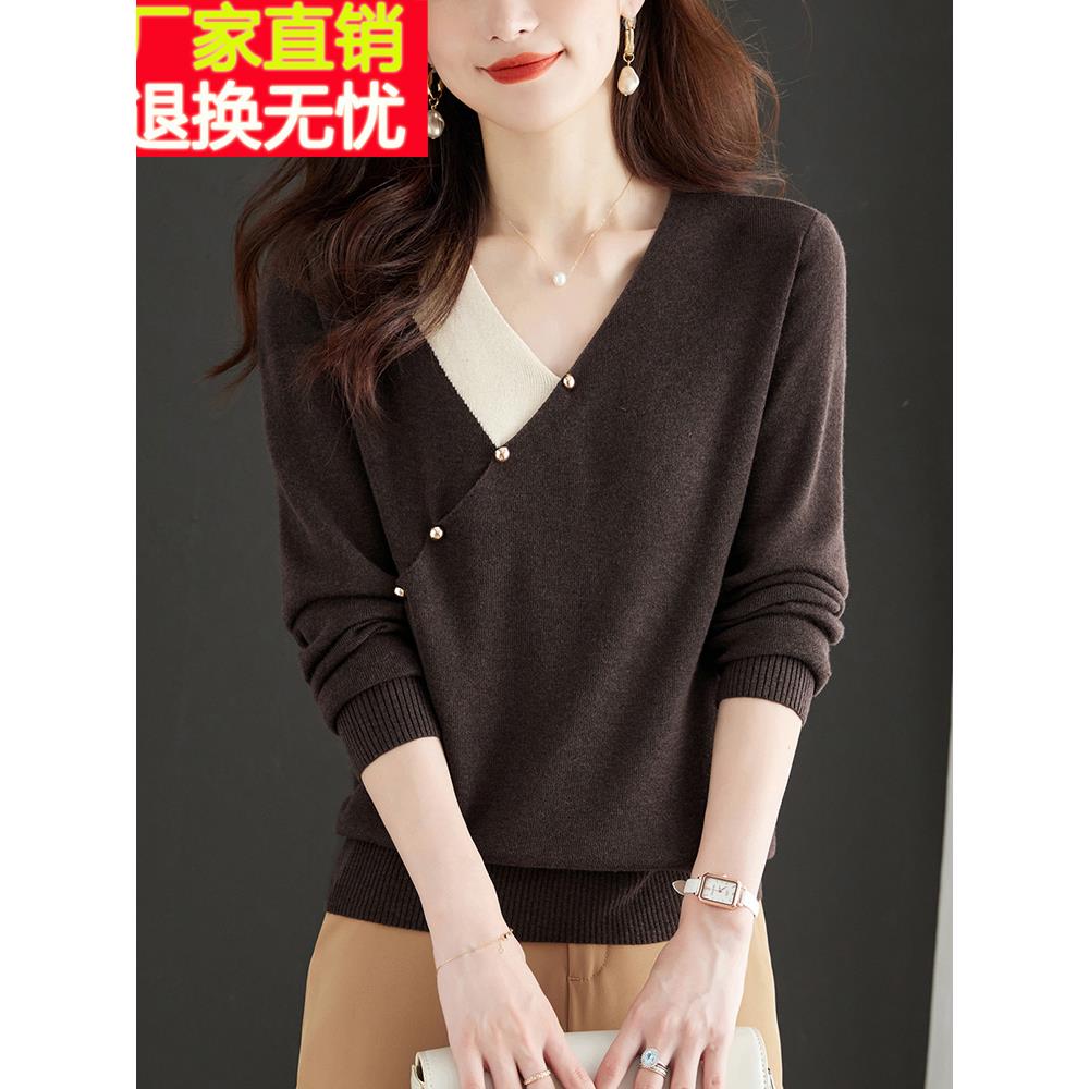 加码春秋季超大毛衣女性宽松的腹部覆盖苗条的v领上衣与针织羊毛