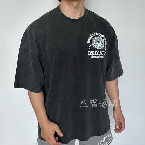 VANQUISH Bodybuilding新款VQ水洗做旧棉运动休闲圆领宽松短袖