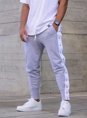 断码清仓YLA春秋款排扣男士运动休闲健身快脱棉质收脚宽松长裤