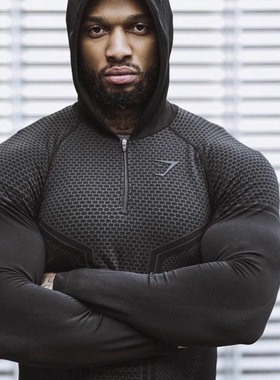 超酷Gymshark Onyx 3.0超级英雄男子¼拉链无缝修身速干连帽长袖