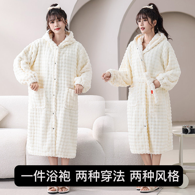 浴袍吸水速干女秋冬季非纯棉珊瑚绒加长款浴衣厚冬天可穿浴巾成人