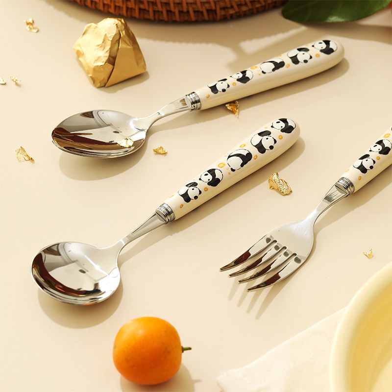 蓝莲花熊猫不锈钢叉勺家用可爱甜品勺水果叉子高颜值吃饭勺三件套,餐饮具,西餐餐叉,淘宝优惠券,粉丝福利购,淘宝优惠卷