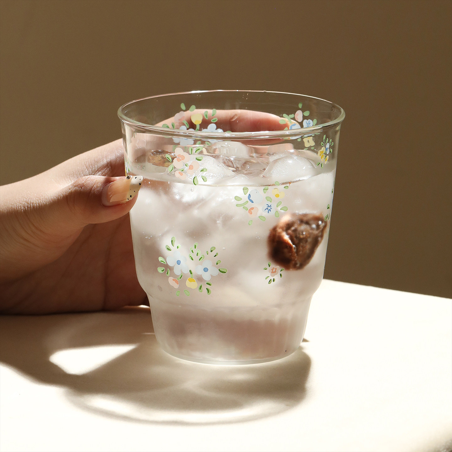 蓝莲花玻璃水杯女士高颜值杯子漂亮果汁杯高硼硅耐高温咖啡杯酒杯