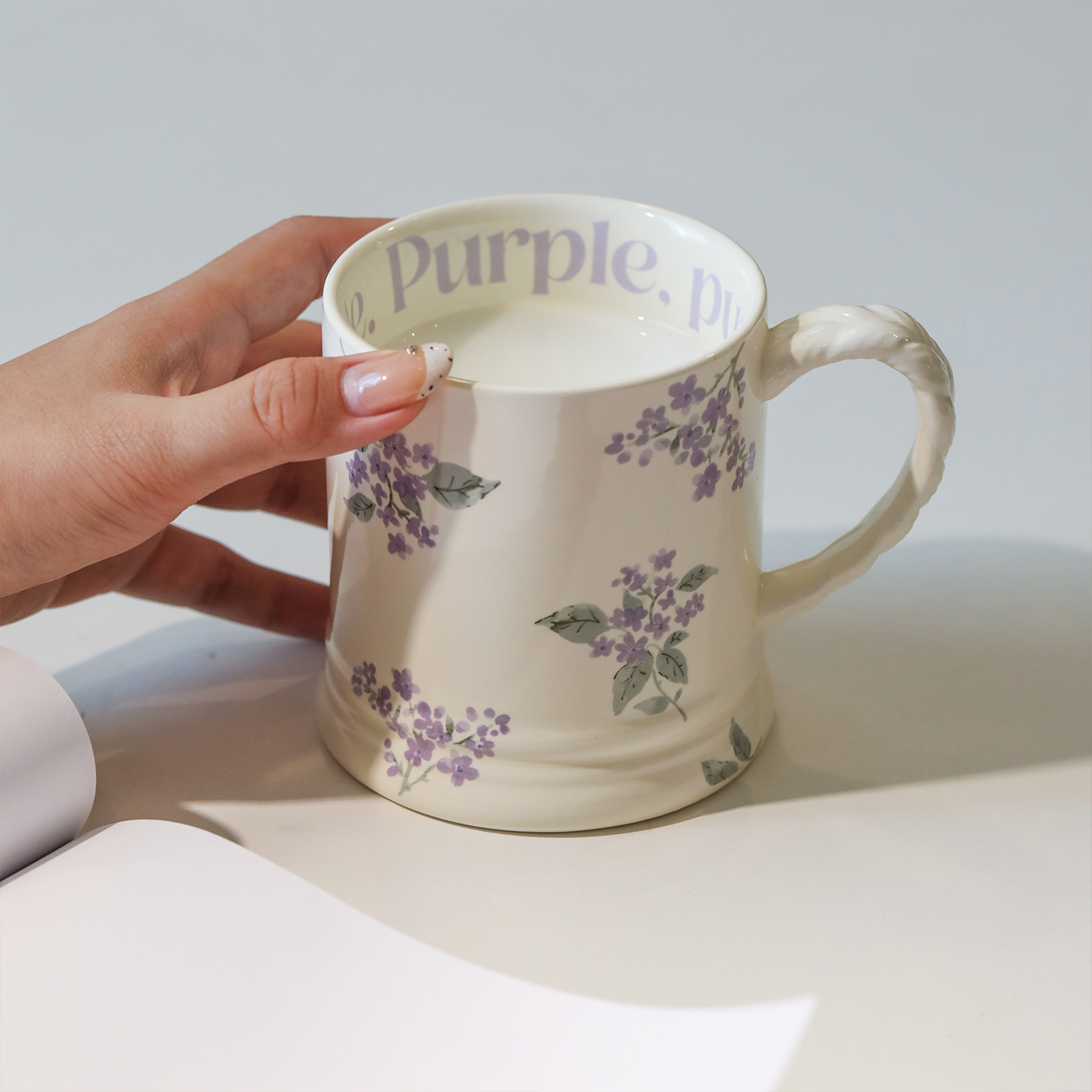 蓝莲花陶瓷马克杯水杯办公室家用紫色咖啡杯高颜值女生杯子耐高温