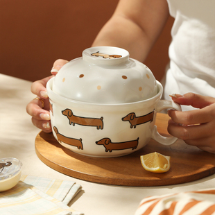 蓝莲花陶瓷泡面碗带盖大容量微波炉可加热高颜值耐高温办公室饭碗