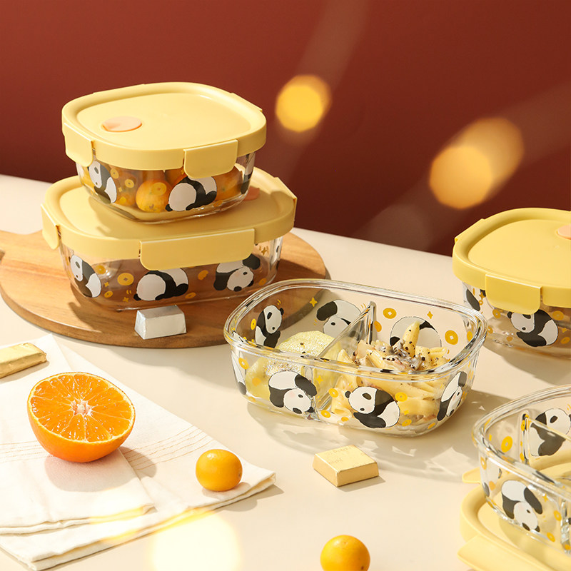 蓝莲花熊猫可爱玻璃饭盒保鲜盒可微波炉加热上班族耐高温餐盒分隔,餐饮具,保鲜盒,淘宝优惠券,粉丝福利购,淘宝优惠卷