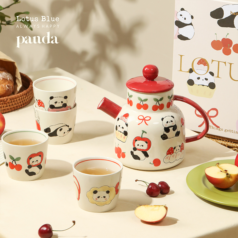 蓝莲花手绘熊猫水具套装