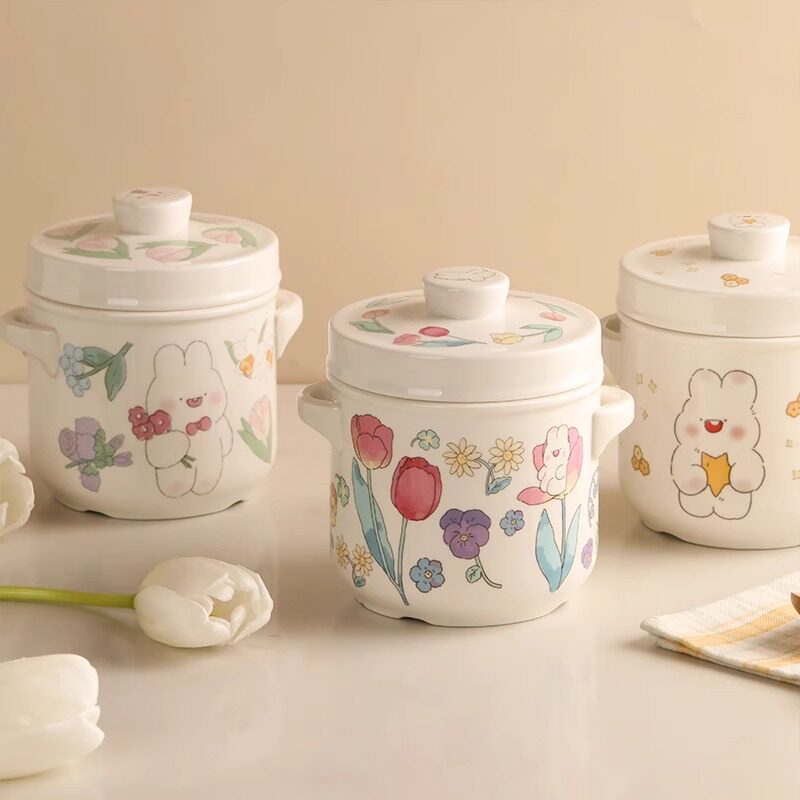 蓝莲花陶瓷蒸蛋炖蛋碗蒸鸡蛋羹专用炖盅隔水炖家用双耳带盖小汤盅