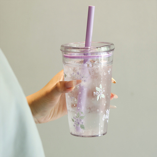蓝莲花高颜值大容量吸管杯便携水杯Tritan杯子新款 奶茶杯女办公室