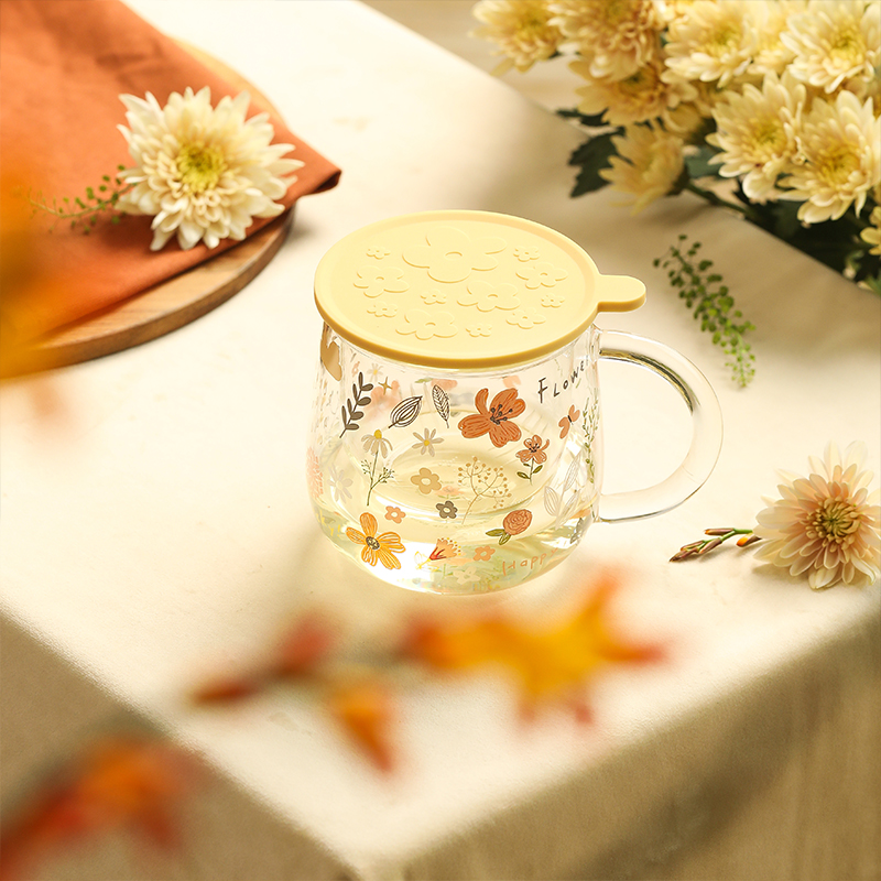 蓝莲花玻璃茶杯茶水分离过滤泡茶杯带盖女生高颜值带把手水杯杯子