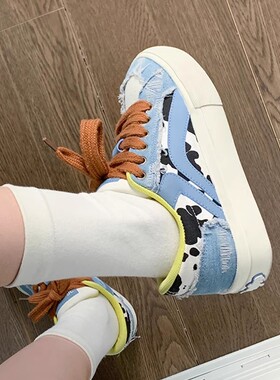 鮀品蓝色板鞋女款2025秋冬新款小众原创帆布鞋复古百搭厚底休闲鞋