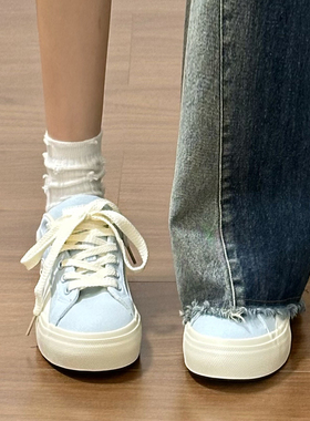 鮀品蓝色板鞋女2025冬季新款帆布鞋厚底小白鞋休闲鞋子百搭运动鞋