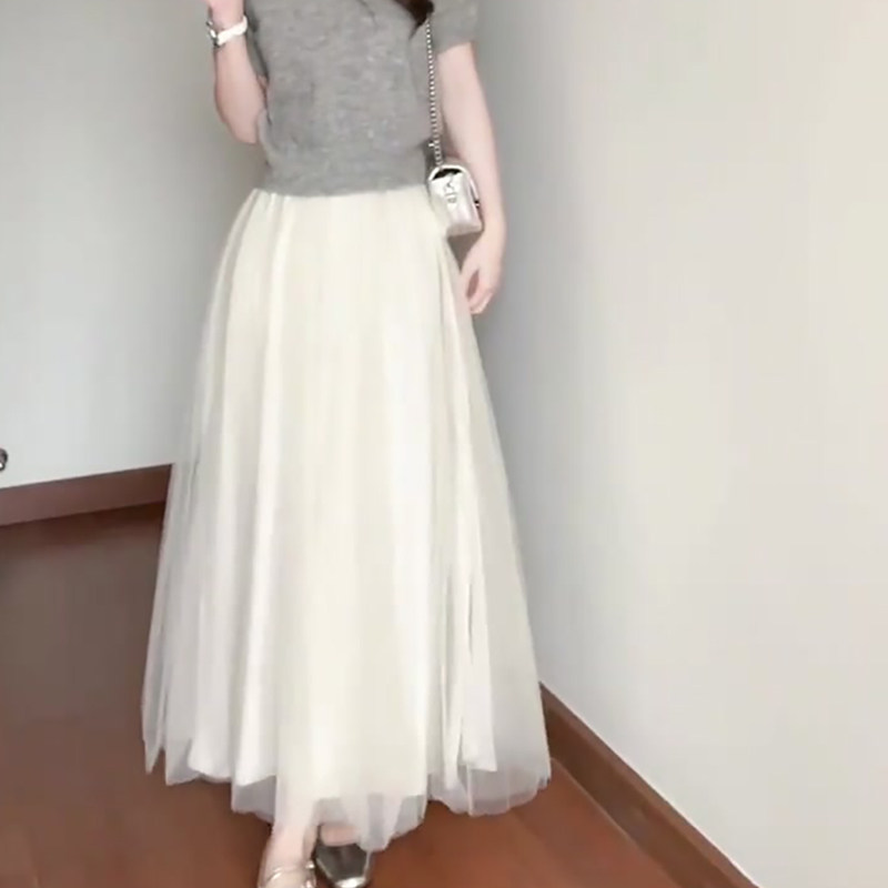 新客减米白色网纱半身裙女2024夏季新款高腰显瘦松紧腰时尚气质a