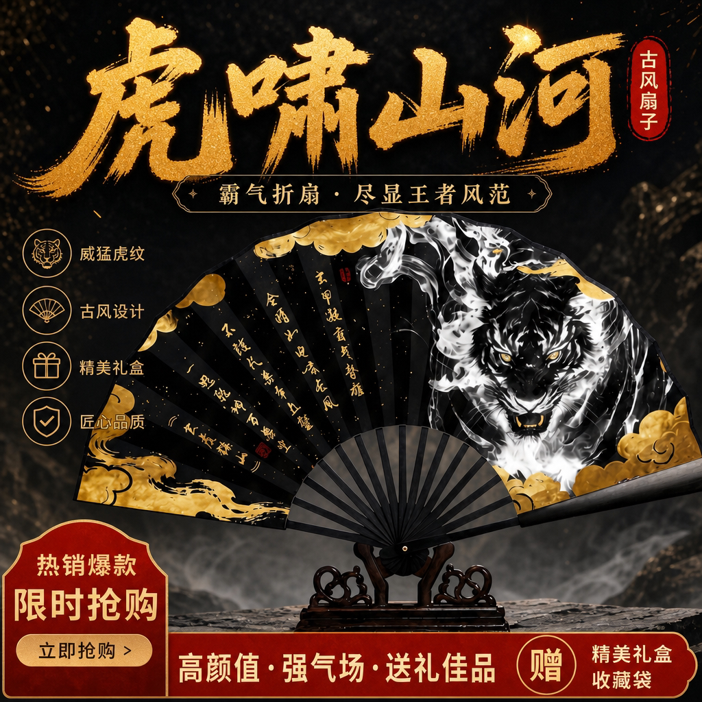 【文玩爱好者必入】虎啸山河折扇图片