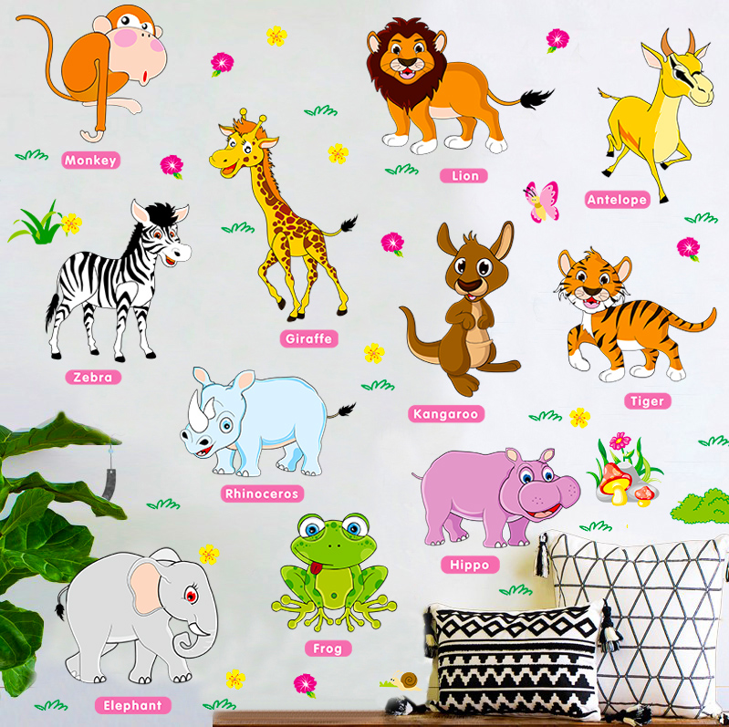 可爱卡通小动物墙贴儿童房客厅卧室幼儿园布置自粘贴画早教墙贴纸