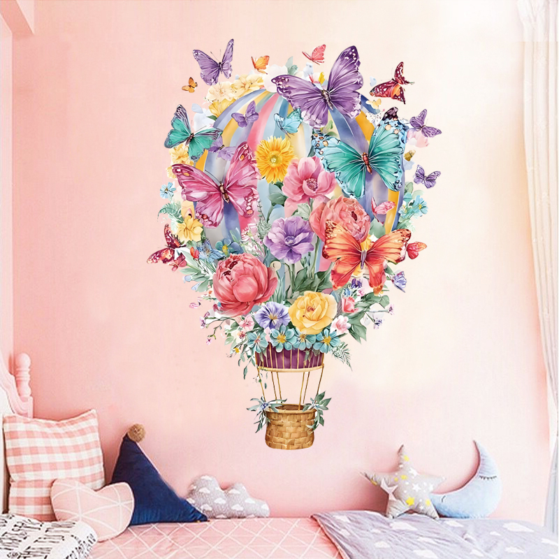 新款蝴蝶花卉热气球贴纸防水自粘卧室店铺通用背景墙美化装饰贴纸