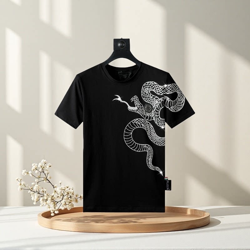 夏季菲利普普兰猛蛇烫钻修身潮流短袖金属配饰pp男装圆领青年衣服